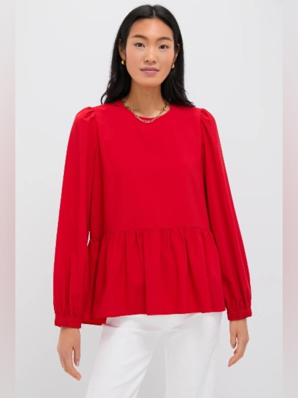 Pomander Place @ Tuckernuck Carlota Peplum Blouse Red XS Puff Sleeve Keyhole Top